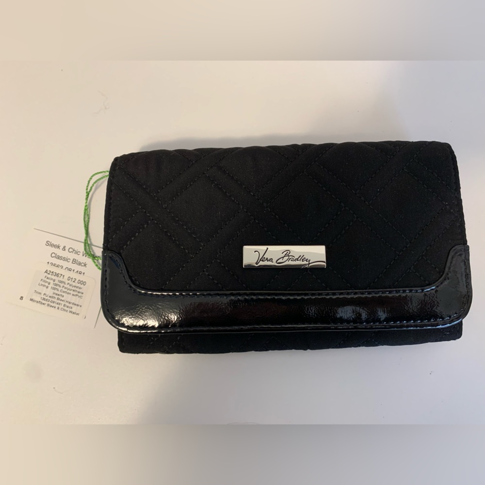 NWT Womens Vera Bradley Sleek and Chic Solid Black Quilted Wallet Clutch Trifold